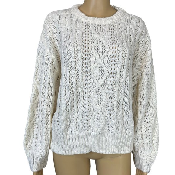 Women Pullover Sweater Large Apricot-Cream Knit Cable Round Neck Long Sleeve - Picture 6 of 9